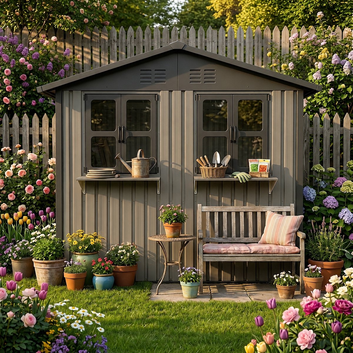Verzinkt stalen tuinhuis 254,2 x 170,2 cm - Twee openslaande dubbele ramen - Afsluitbare dubbele deuren - Decoratief bloemenrek - 4,33 m² vloeroppervlak - Bruine kleur