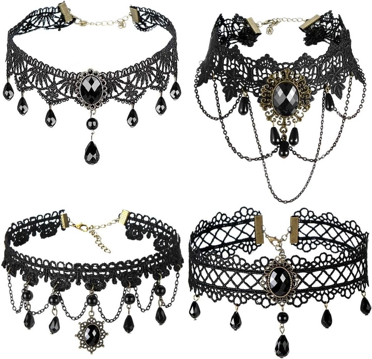 Set van 4 zwarte kant chokers en kettingen voor Halloween, vampierlook, kostuumaccessoires voor feesten en carnaval