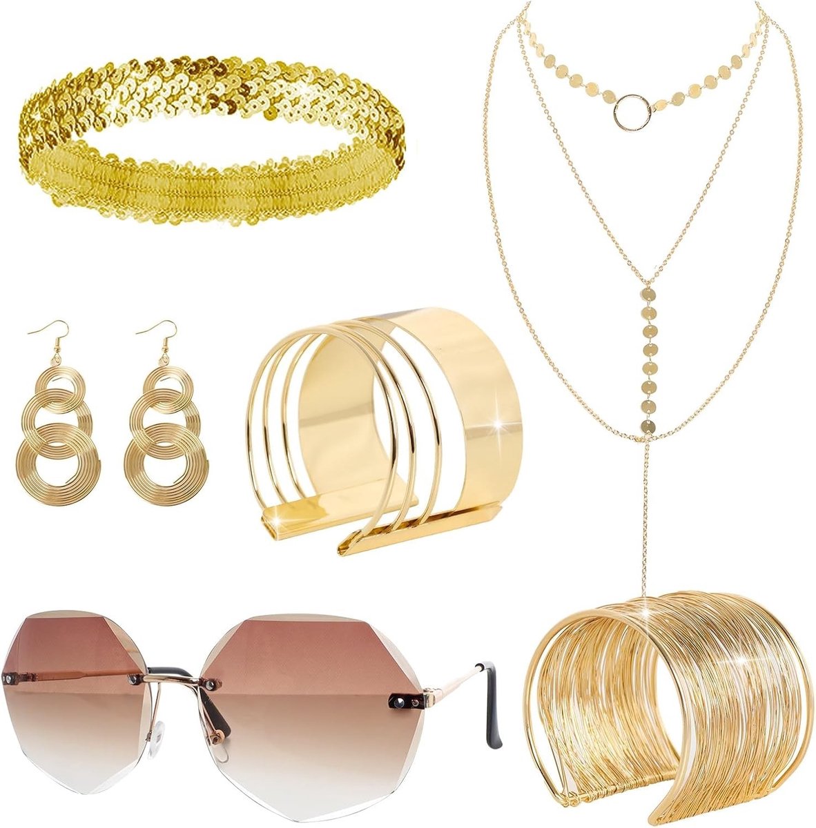 Disco accessoires voor vrouwen: pailletten, sieraden, kostuum met oorbellen, ketting, armband en zonnebril voor carnaval en themafeesten uit de jaren 70, 80 en 90