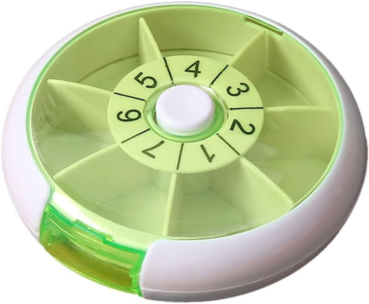 Rotating Pill Box met 7 Compartimenten - Handige en Draagbare Medicijnopslag voor 7 Dagen, Ideaal als Weekdispenser, Geschikt voor Tabletten en Vitaminen