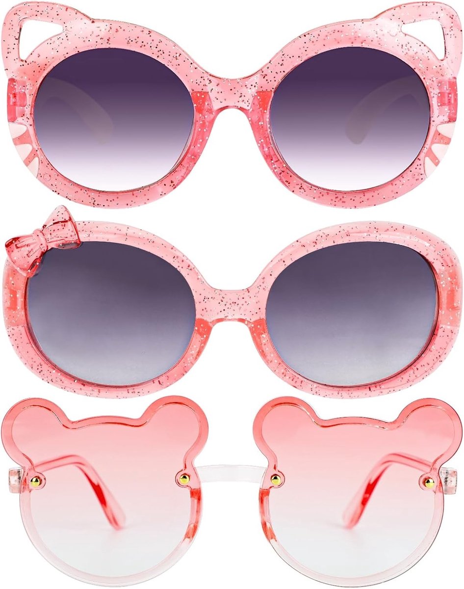 Schattige Zonnebrillen voor Meisjes met Kattenoren en Strik, 3 Stuks, Perfect voor Zomerfeesten en Verjaardagen, Leeftijd 3-12 Jaar, Roze Één Maat