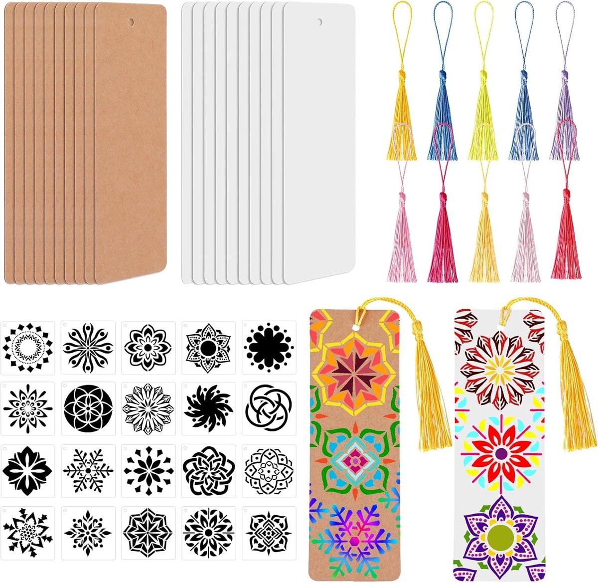 Set van 20 Lege Boekenleggers van Onbehandeld Papier met Mandala Sjablonen en Kleurige Penseelsets voor Creatieve DIY Projecten