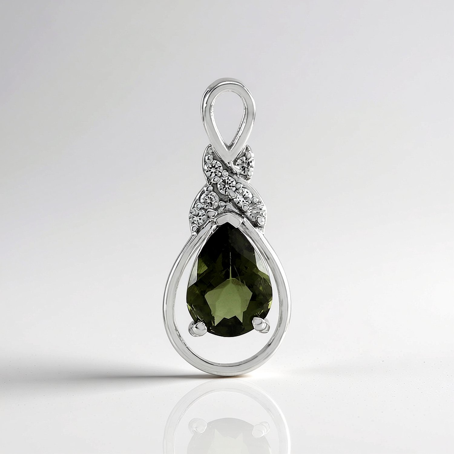 Cavill - Zilveren Hanger met Peervormige Moldaviet 0,83 ct en Cambodjaanse Zirkonen 0,10 ct - Platina Verguld - Exclusieve Handgemaakte Sieraden