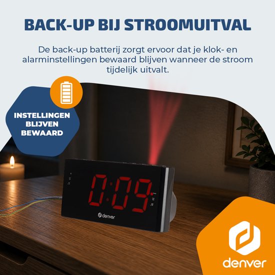 Denver Wekkerradio met Projectie - Digitale wekker - FM Radio - Dubbel Alarm - CRP618 - Zwart — cadeau in Elektronica - foto 6