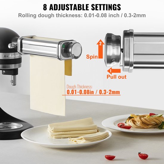 Pasta-opzetstuk voor KitchenAid keukenmixer- roestvrijstalen pastaroller- accessoire voor pastamachine met 8 instelbare dikteknoppen- KitchenAid pasta-opzetstuk van — afbeelding 4