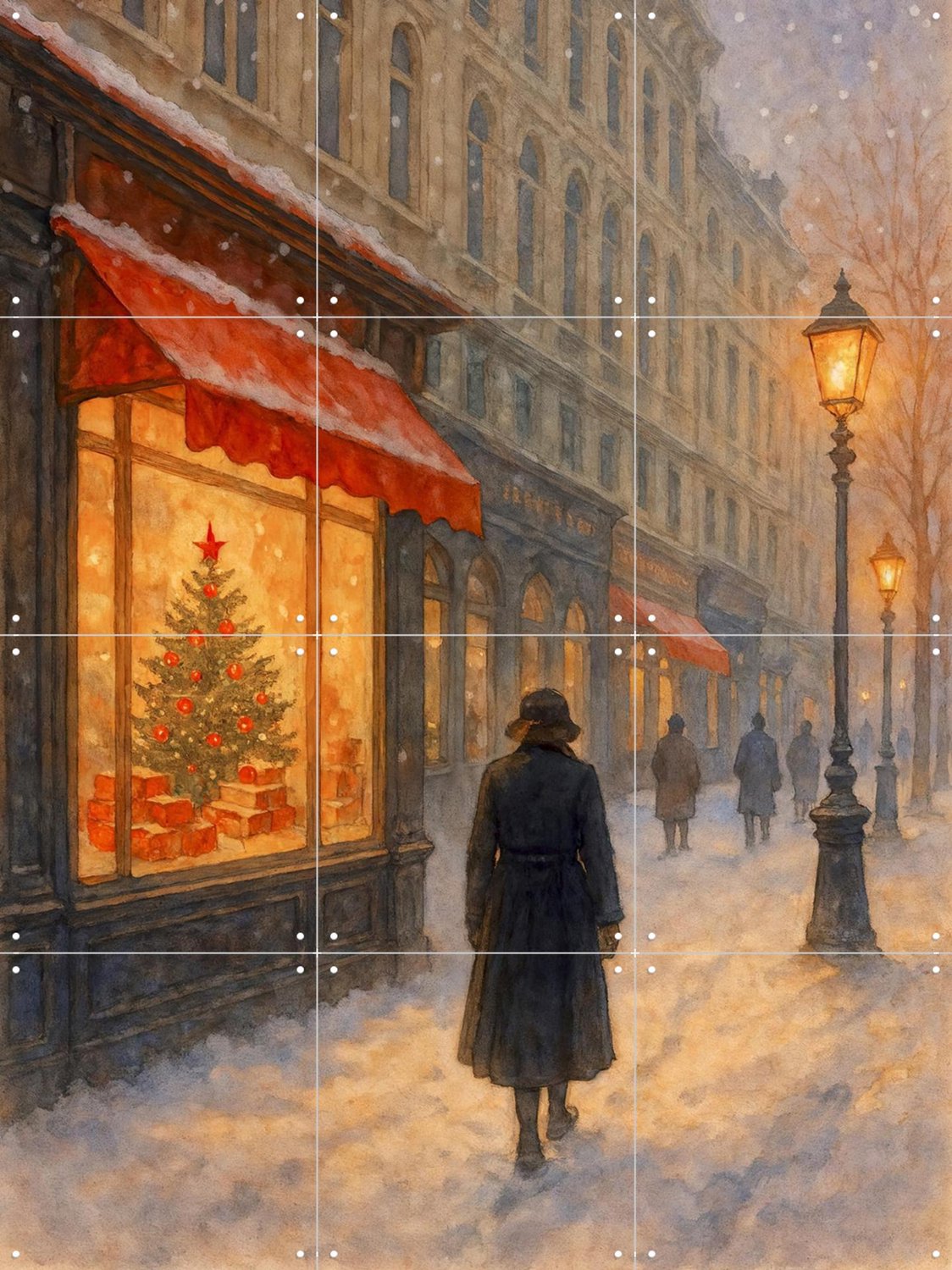 IXXI Kerstavond In De Stad, Natalie Bruns - 60 x 80 cm - Grote wanddecoratie en posters - Klassiek, Gang, Sneeuw, Winter, Kerst Rood