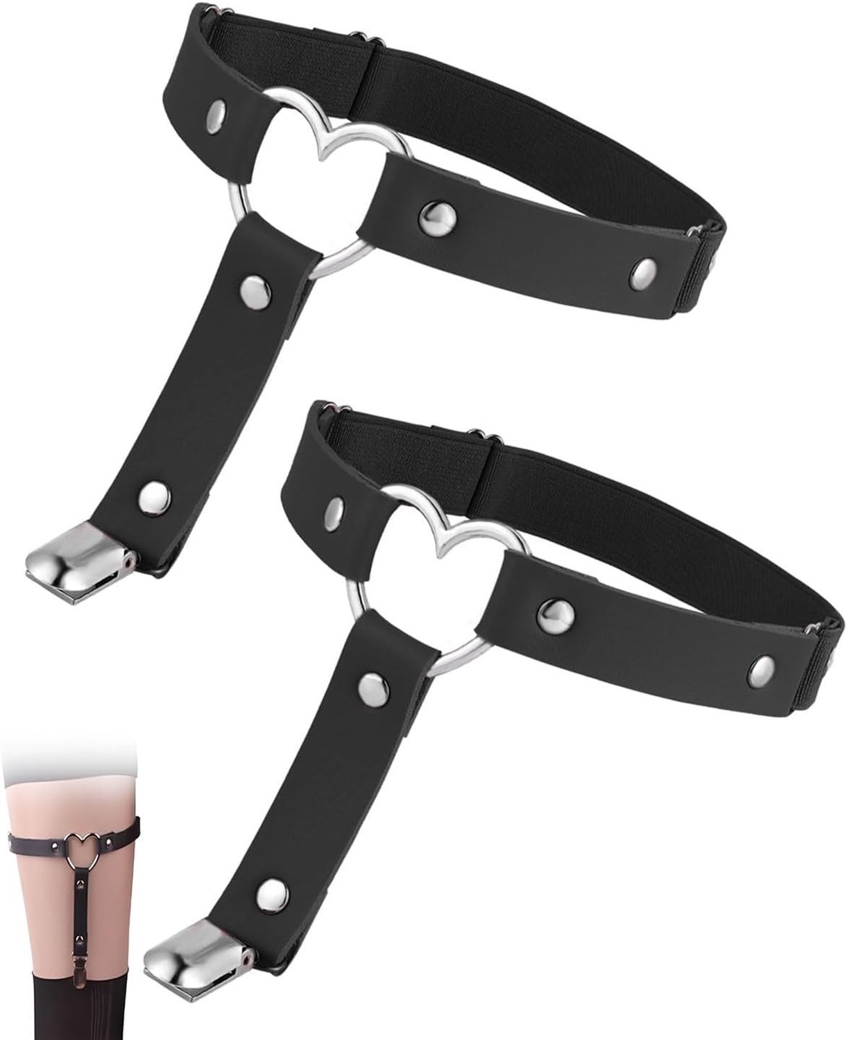 Set van 2 Leren Beenbanden met Hartdesign, Verstelbare Clip, Antislip, Perfect voor Carnaval, Halloween en Cosplay Feesten