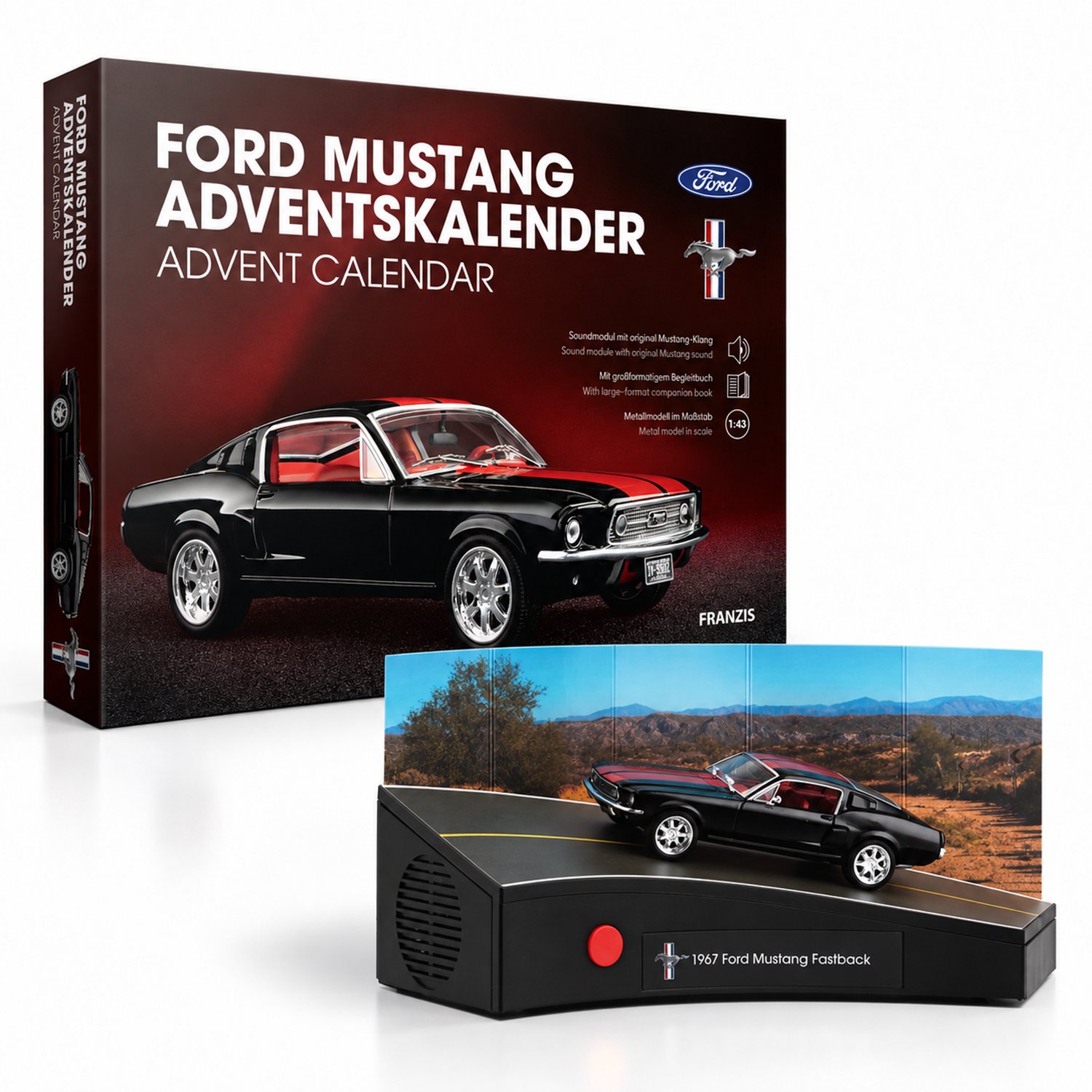 Franzis Adventskalender - 67965 Ford Mustang Fastback 1967 - Raven Black - Adventskalender met Geluid Metalen