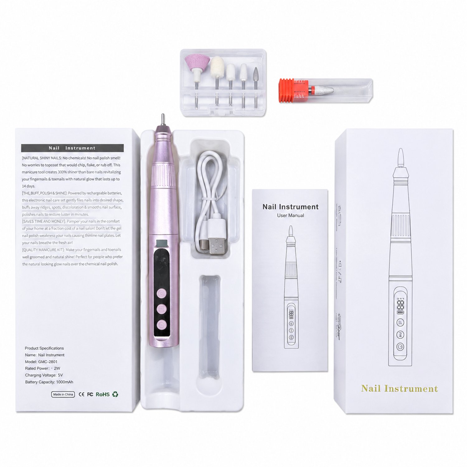 Elektrische nageltrimmer - USB-C oplaadbaar - met 6 slijpkoppen - voor thuis en professioneel gebruik - complete set