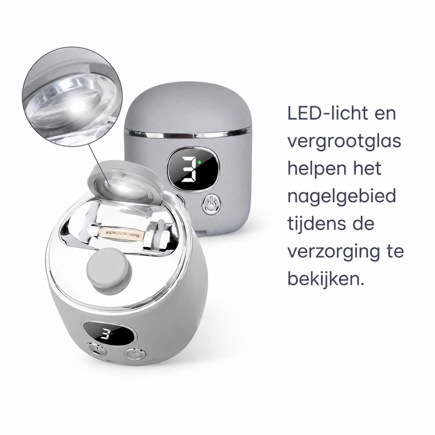 Elektrische nagelknipper - LED-licht en vergrootglas - dubbele kop en oplaadbare nagelvijl - grijs - met laadkabel en handleiding