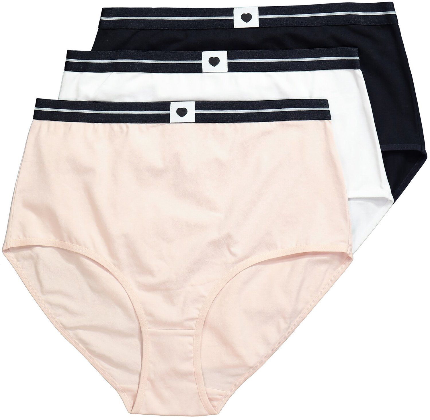 Ulla Popken - Dames - Maxislips set van 3 gestreepte tailleband met hartje - Zwart - Maat 62+