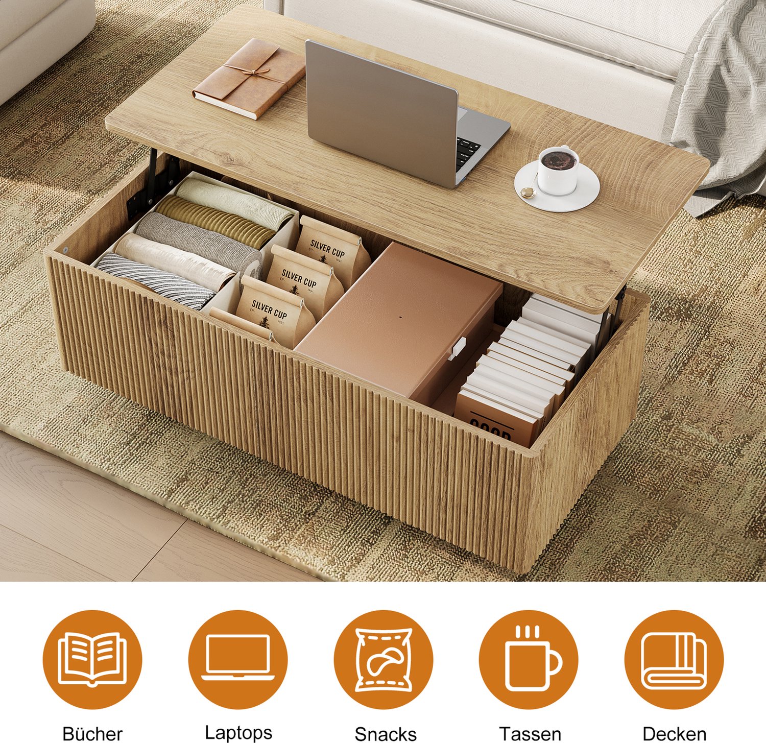 FABATO CT036-Lift-Salontafel-106 cm-Houtlook-Verborgen Opbergruimte-Mid-Century Modern-Holz-Optik