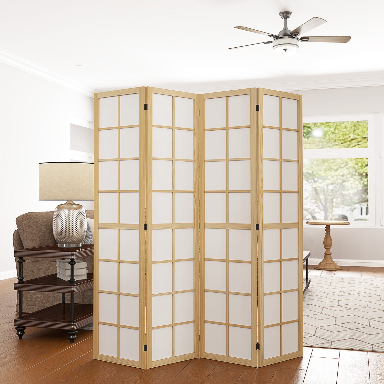 STILVORA Paravent Vouwbaar – 160 x 170 cm – Hout En Stof – Naturel – 4-Delige Kamerverdeler Voor Binnen Met Rasterpatroon