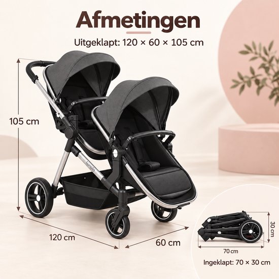 Lunola Noah Duo Kinderwagen - Dubbele Buggy voor Tweeling of Baby en Peuter - Afneembaar Zitje - Compact en Opvouwbaar - Donker Grijs — afbeelding 4