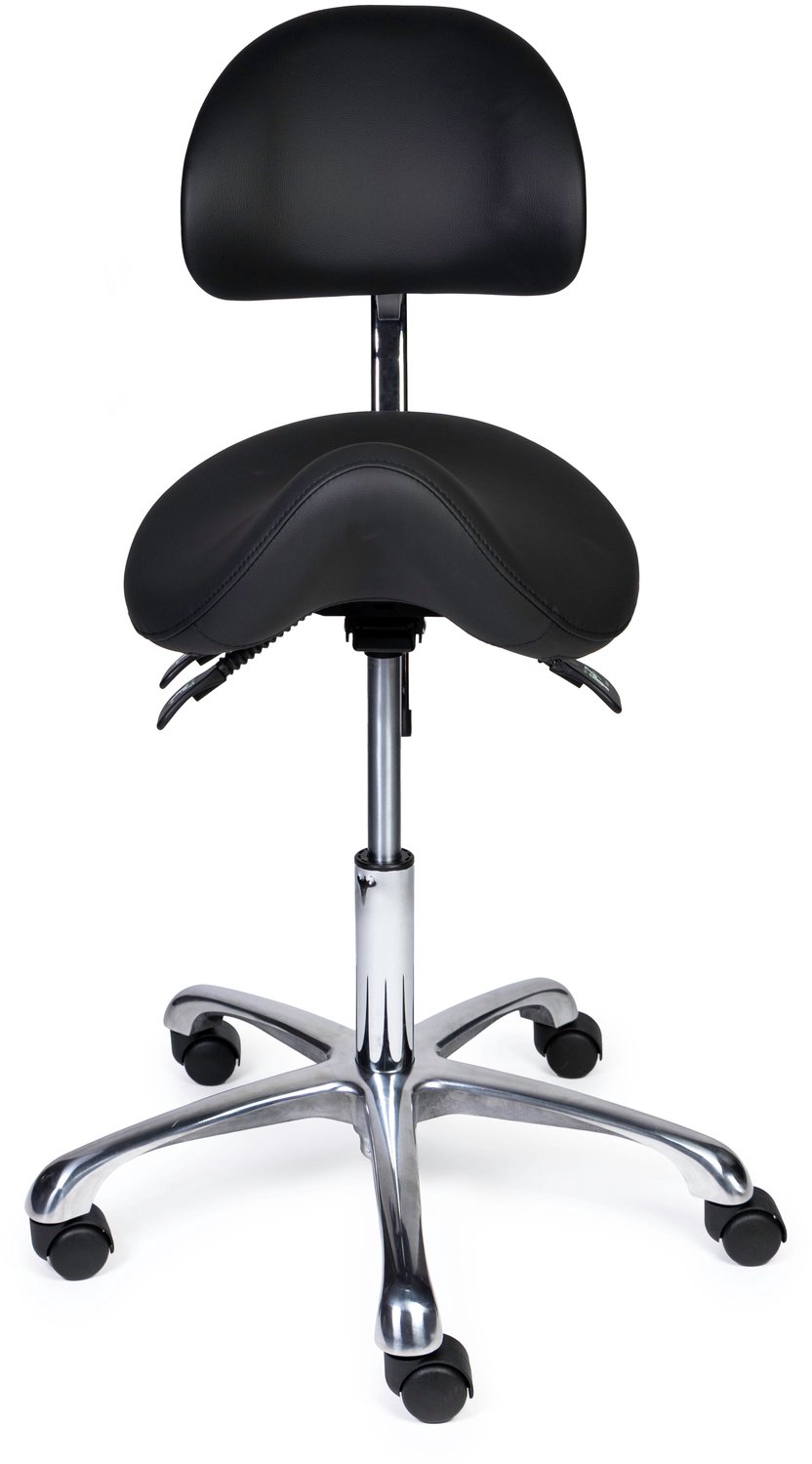 Ergonomische Zadelkruk met Rugleuning Premium Zwart op Wielen Lage uitvoering (45-58cm) / Met voetensteun / Voetdoppen