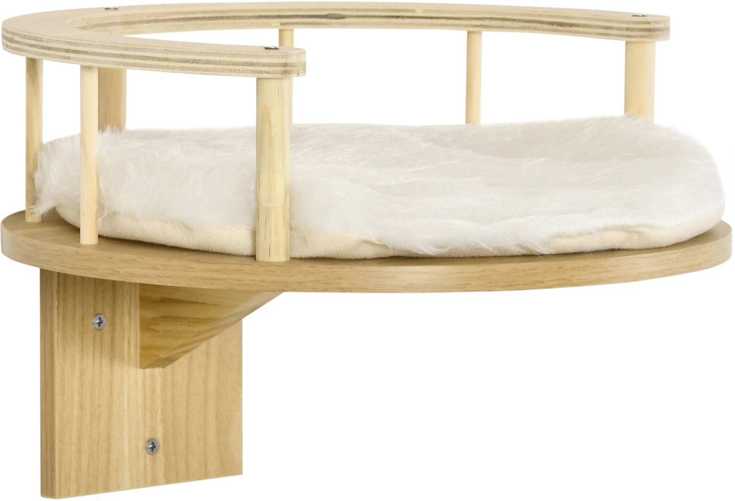 Pawona Wandligbed voor katten - Met kussen en beschermrand - Ø34 x 10,5 cm - Eikenhout/Crèmewit