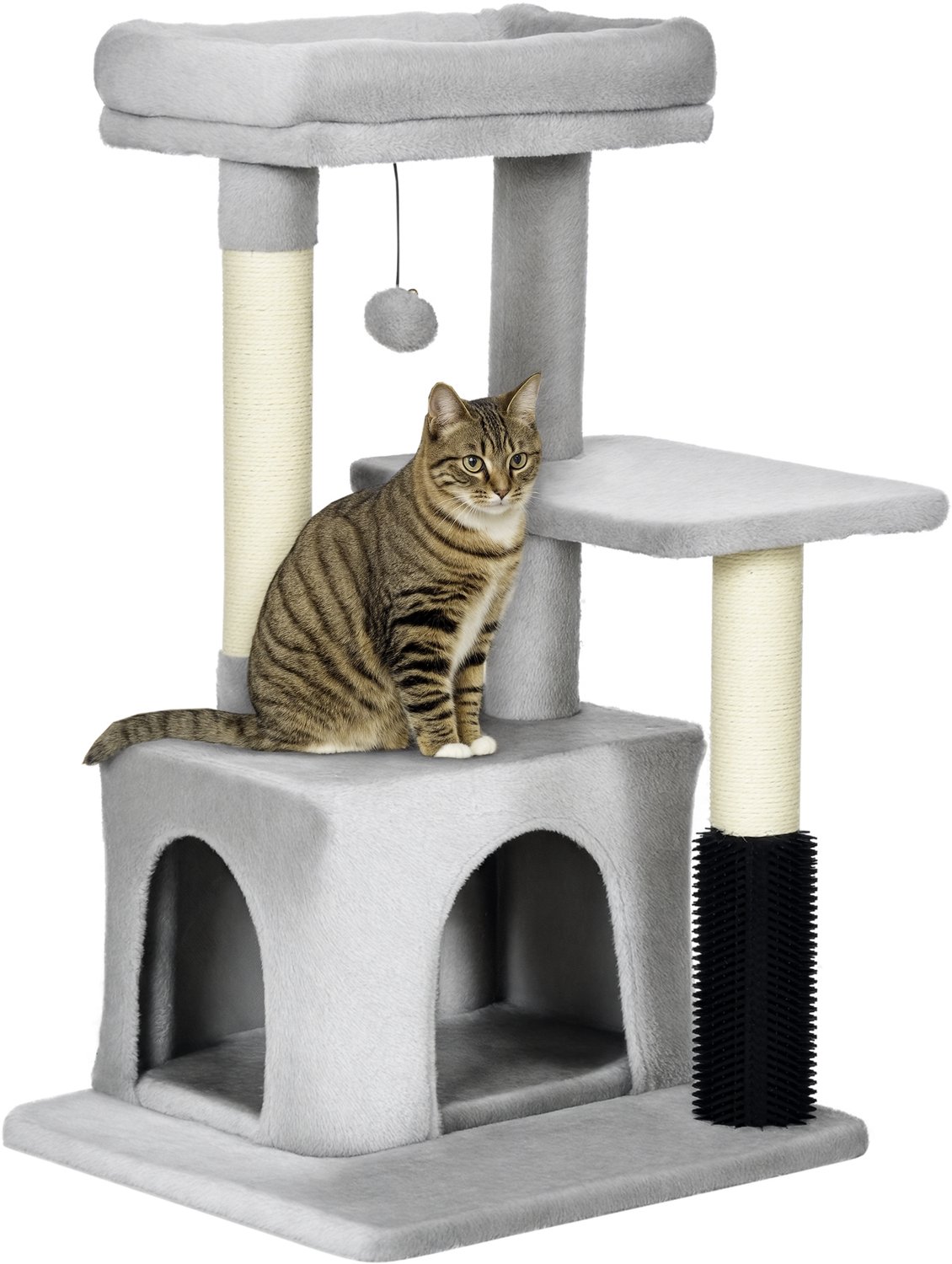 Pawona Krabpaal - Met kattenhuisje, ligbed, krabmat en speelbal - 48 x 48 x 85 cm - Lichtgrijs