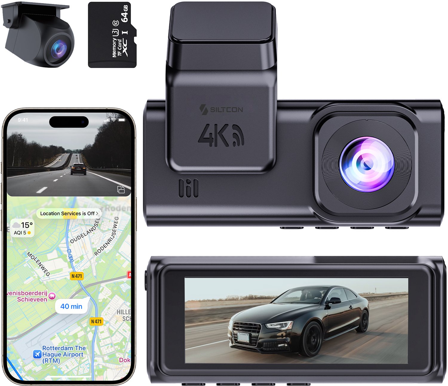 Siltcon® Dashcam 4K Ultra HD - 2.5K Achtercamera - Dashcam Voor Auto Voor en Achter - WiFi & App - Ingebouwde GPS - Nachtzicht - G-Sensor - Loop Recording – Auto Camera - Parkeermodus - 170° Groothoek - Incl. 64GB SD - Incl. Oplaadkabels Telefoon