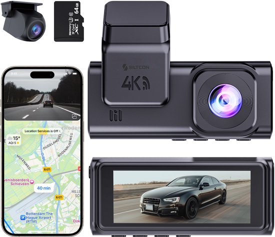 Siltcon® Dashcam 4K Ultra HD - 2.5K Achtercamera - Dashcam Voor Auto Voor en Achter - WiFi & App - Ingebouwde GPS - Nachtzicht - G-Sensor - Loop Recording – Auto Camera - Parkeermodus - 170° Groothoek - Incl. 64GB SD - Incl. Oplaadkabels Telefoon