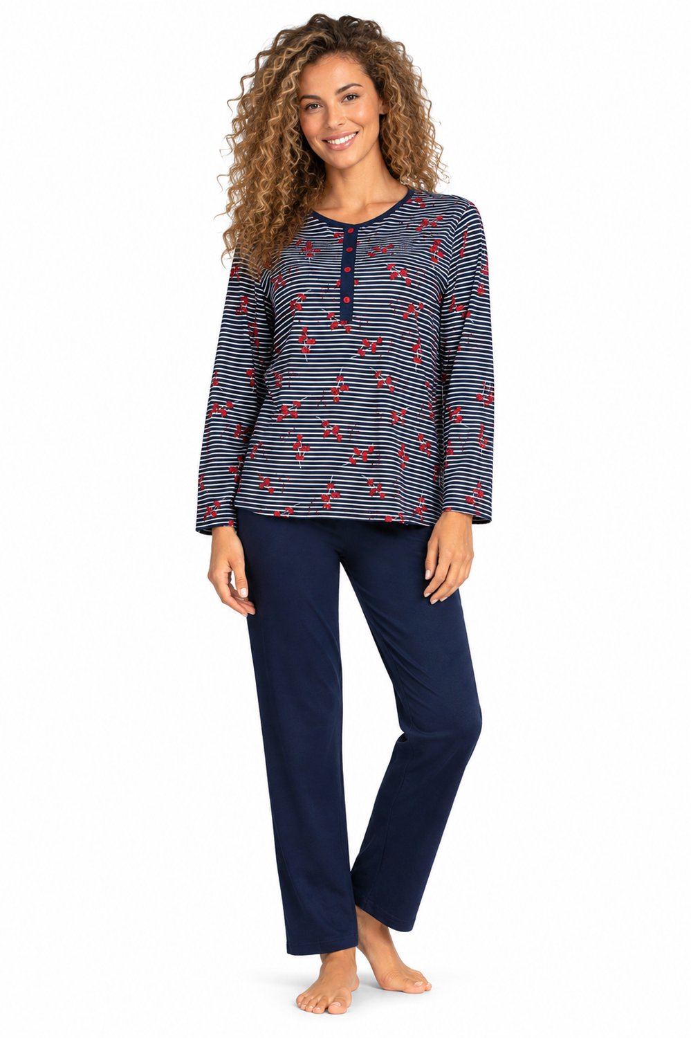 Comtessa - Dames Pyjama - Donkerblauw Gestreept met Rode Bloemen - 100% Katoen - maat 40