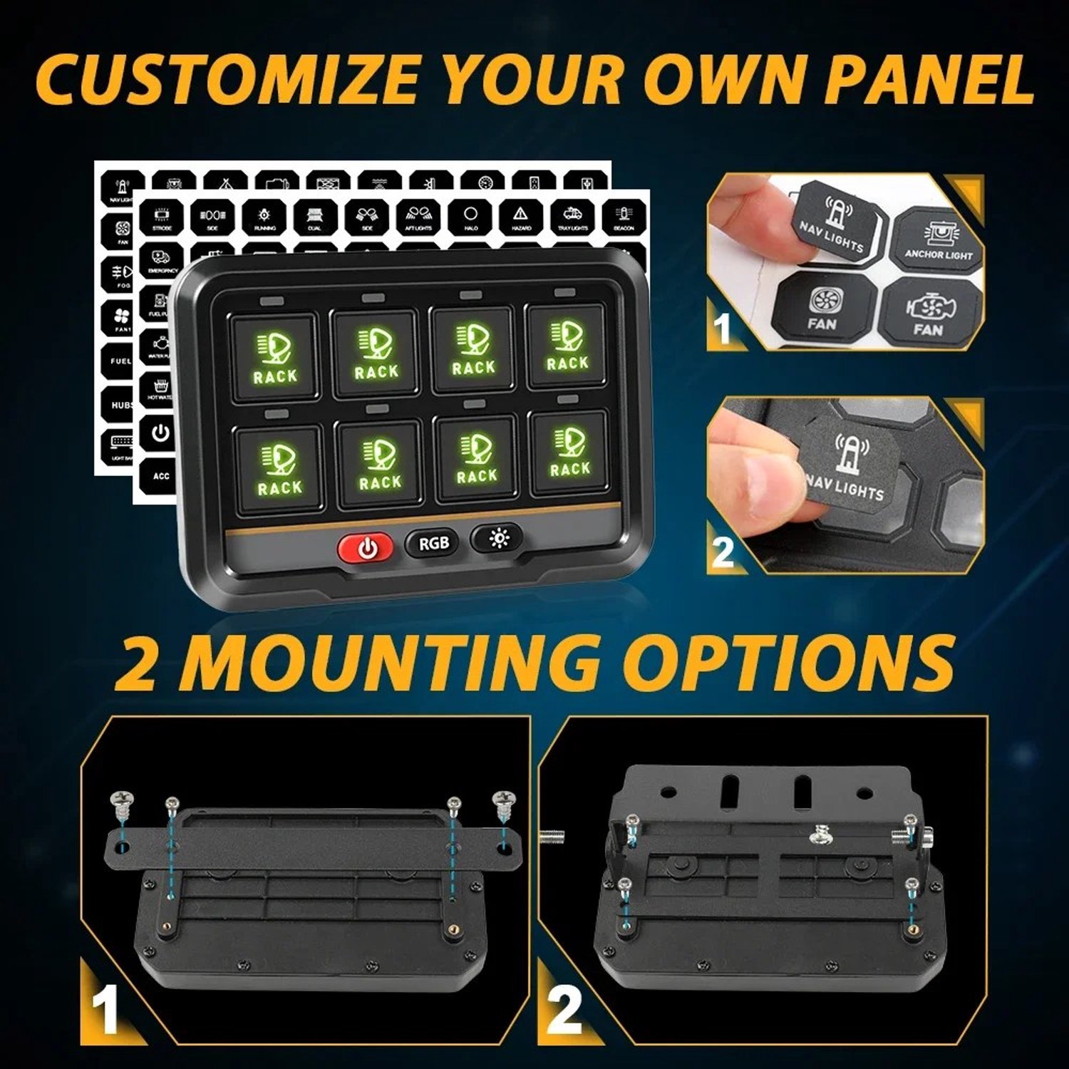 Schakelaarpaneel 8-Gang Met App Bediening - 12-24V DC - Universeel Relais - Voor Auto Boot Vrachtwagen - Draadloos Bluetooth - RGB Verlichting