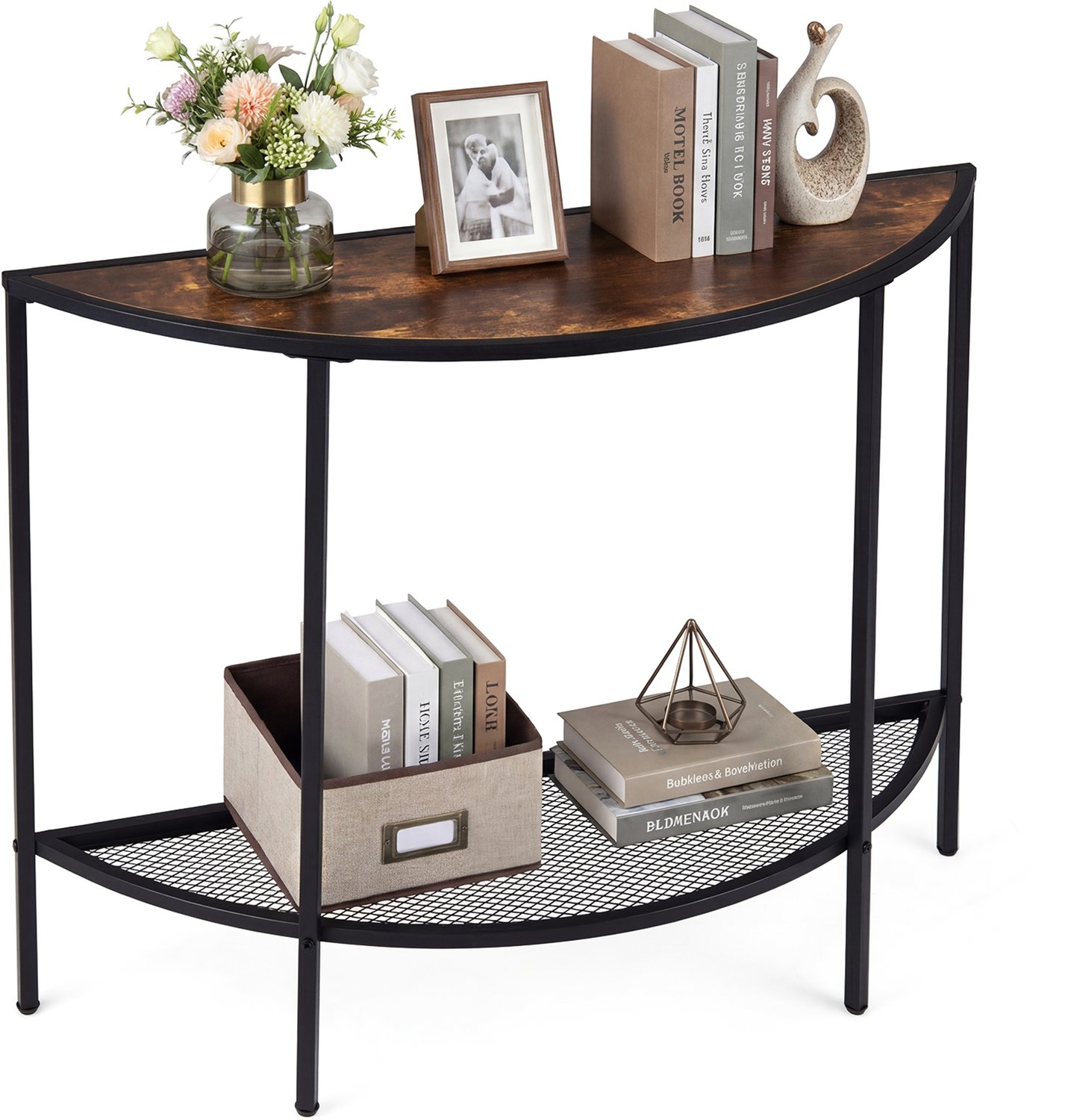 Costway Consoletafel, Bijzettafel halfrond met 2 niveaus, Bruin
