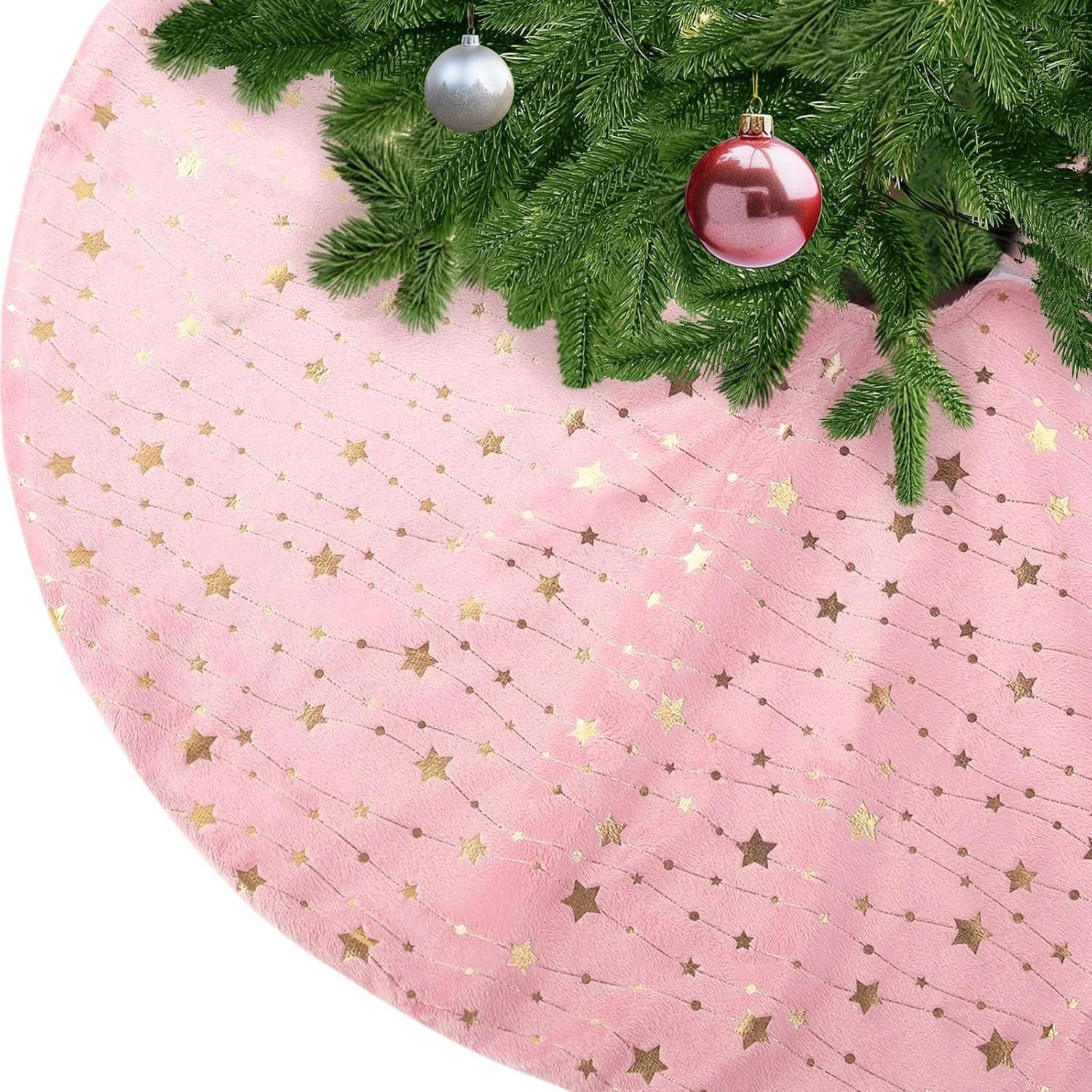 Ronde Roze Pluche Kerstboomdeken met Sterren - Faux Bont Kerstboomrok voor Kerstdecoratie, 48 Inch Groot