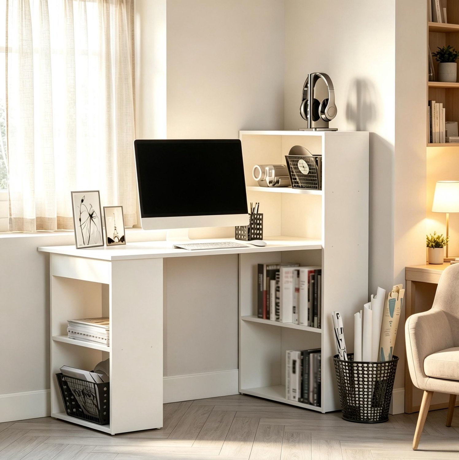 HAUSS SPOLE Bureau Met Boekenkast - Modern Computerbureau Met Opbergruimte - Voor Thuiswerk En Kantoor - Spaanplaat - Wit - 120x55x120 Cm