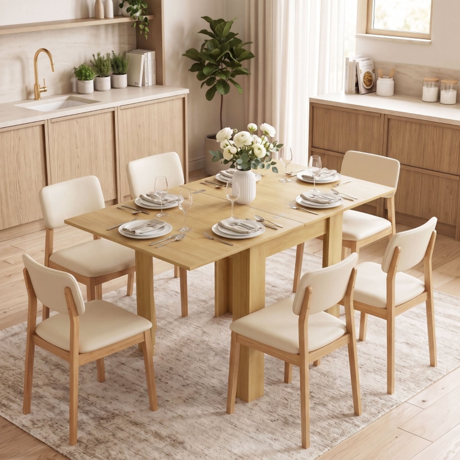 HAUSS SPOLE Uitschuifbare Eettafel - Uitklapbaar Voor 4 Tot 6 Personen - Ruimtebesparend Voor Keuken En Eetkamer - Spaanplaat - 140 X 80 Cm - Naturel Hout Natuurlijk hout