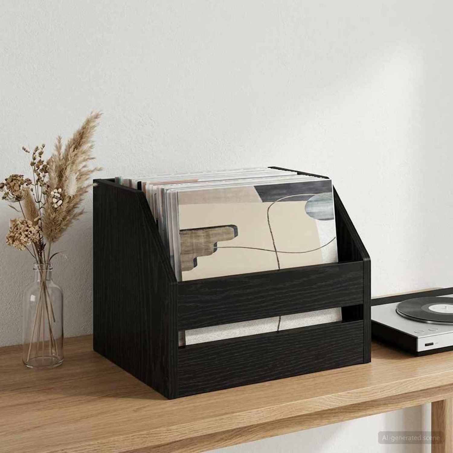 vidaXL Vinyl - Album - Doos - Zwart - eiken - 38 - x - 30 - x - 29 - cm - Bewerkt - hout Zwart eiken