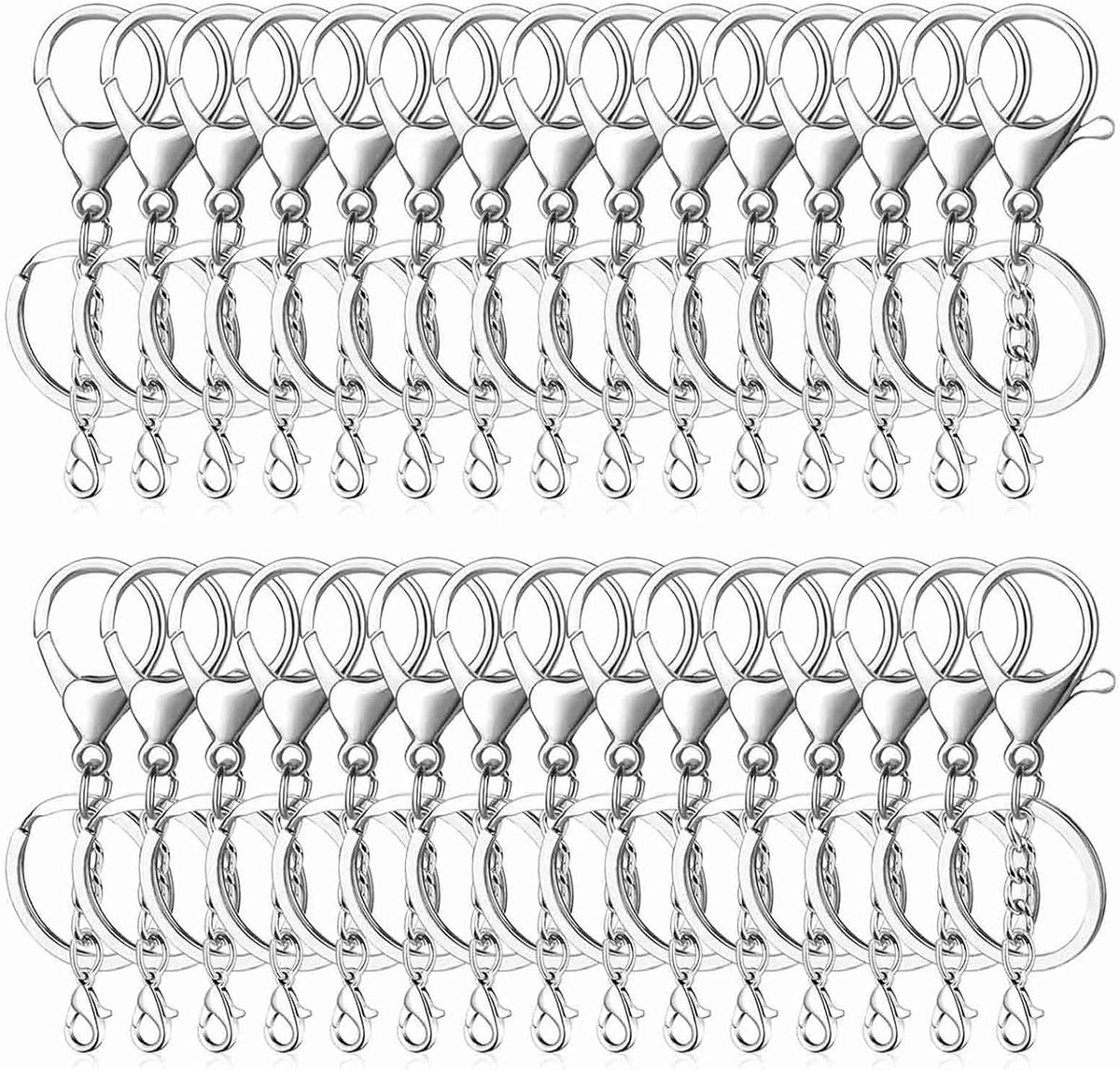 30 stuks sleutelhanger, karabijnhaak, sleutelhanger met dubbele haak, zilveren sleutelhanger van metaal met 25 mm platte sleutelhouder voor doe-het-zelf ring sleutelhangers
