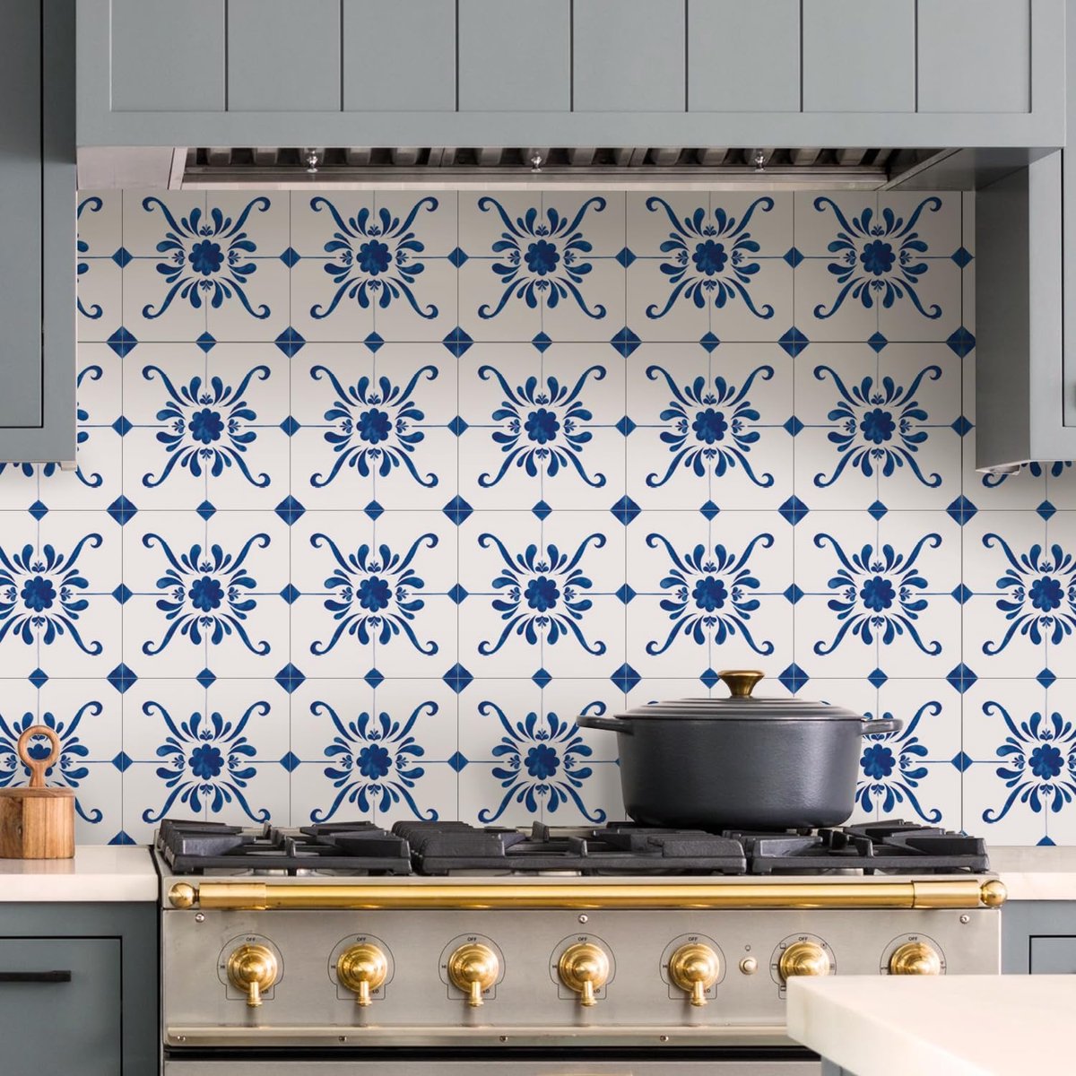 Tegelsticker, wit en blauw, zelfklevende zelfklevende zelfklevende vloertegels, transfer voor badkamer, keuken, spatwand, afpellen en opplakken, vinylvloeren tegelsticker, 24 stuks x 15 cm