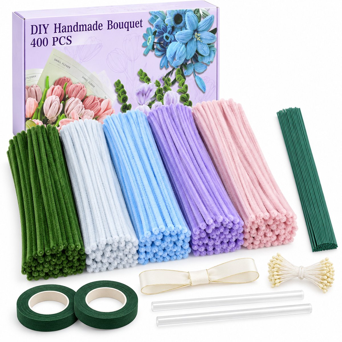 400 Stuks Chenilledraad en Pijpenragers - DIY Knutselset voor Bloemen en Boeketten - Met Bloemendraad Bloemenstelen en Bloementape - Kleurrijke Knutselmaterialen voor Creatieve Decoraties en Handwerk