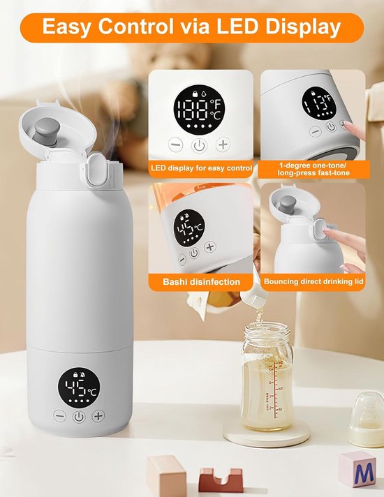 Flessenwarmer Baby Onderweg - 500ml Draagbare Flessenwarmer Verwarmt Water of Melk, met USB-kabel en Reinigingsborstel voor Nachtvoedingen op Reis — afbeelding 4
