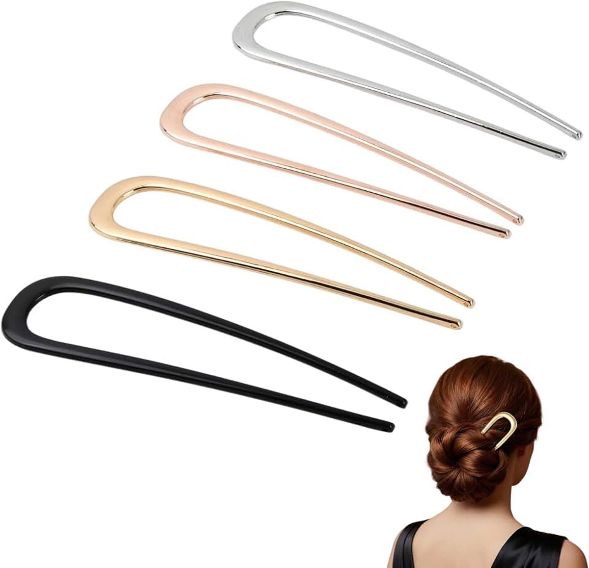 4 stuks U-vormige haarspelden, Franse haarspelden, metaal, Franse haarspelden, vormende haarvork, grote haarpin, voor opgestoken kapsels, knots en wervels