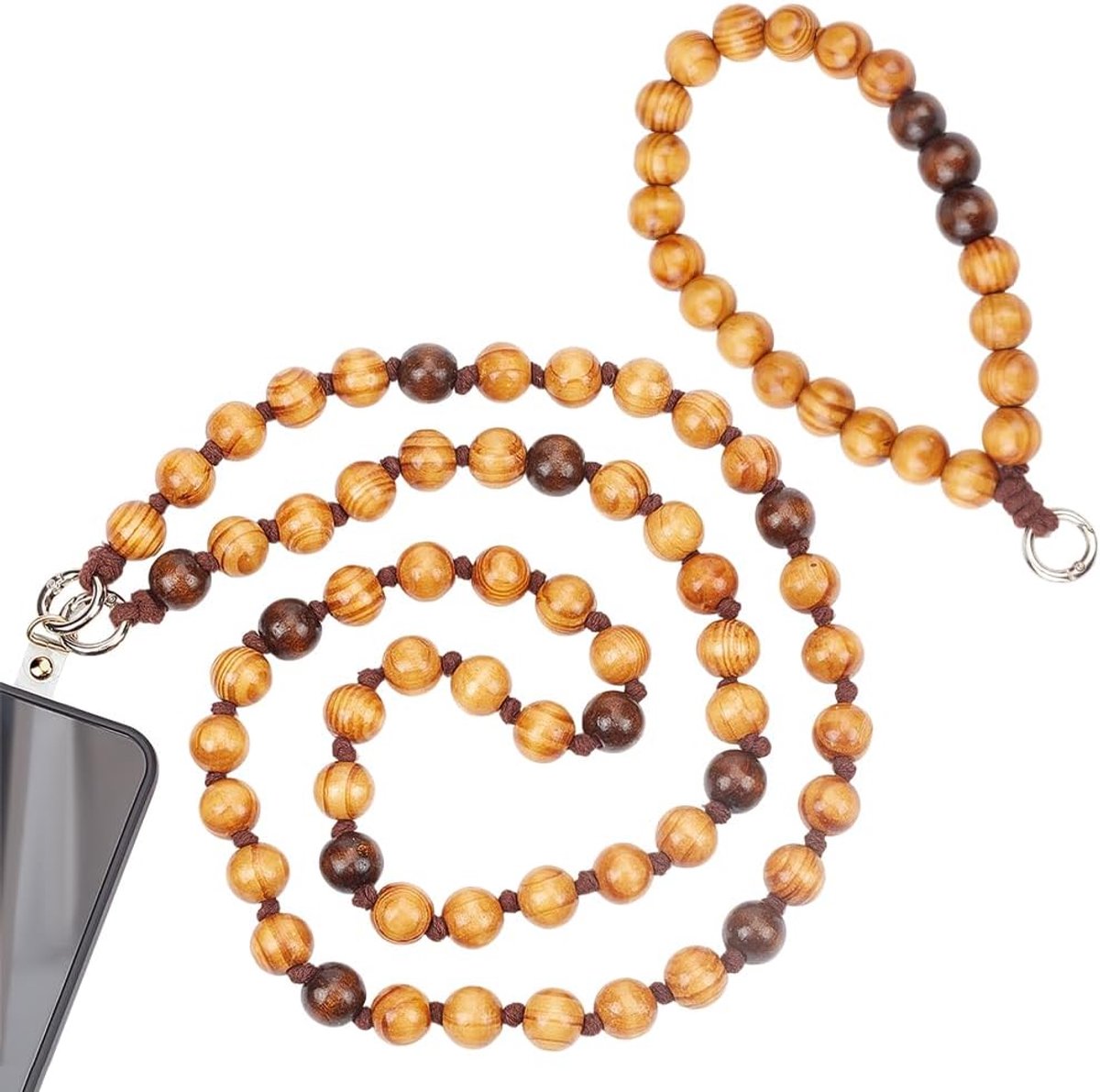 2 stuks telefoonketting, crossbody-riem, BurlyWood houten kralen, crossbody mobiele telefoonkoord, polsriem, mobiele telefoonketting