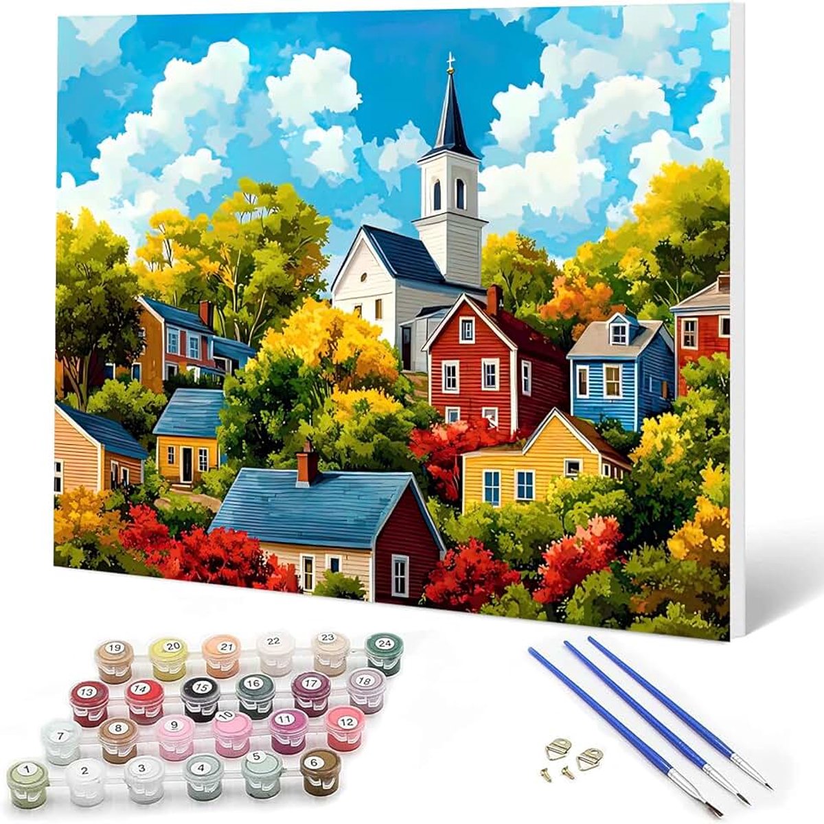 Landschapsverf op nummer kits voor volwassenen kinderen, kasteelschildersets voor beginners op duidelijke symbolen canvas met houten frame, eenvoudige doe-het-zelf acrylpigmenttekening 20x30cm