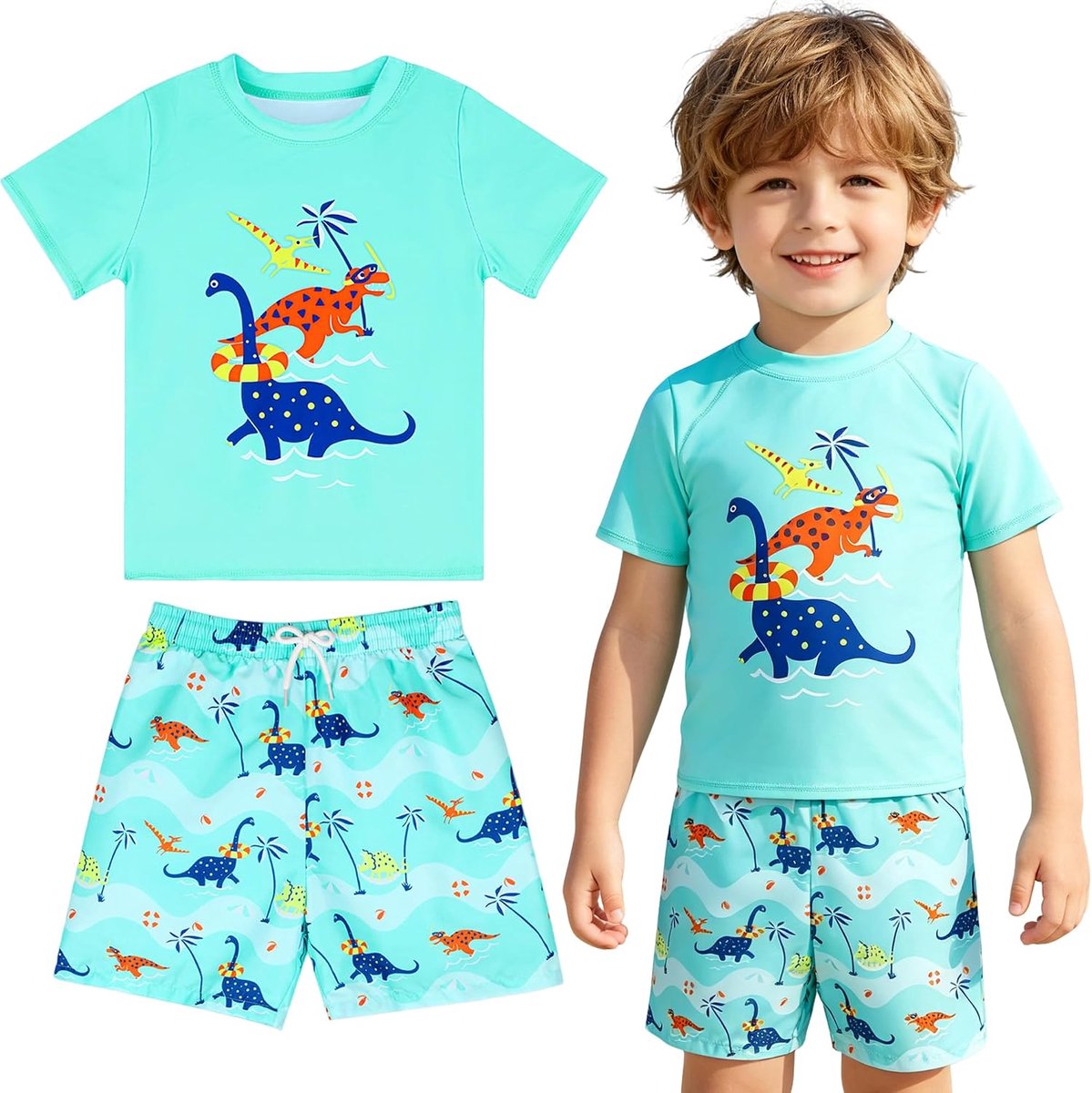 Zwemkleding voor kinderen, uv-badkleding voor jongens, tweedelig sneldrogend zwemshirt voor jongens, dinosaurusbadpak voor jongens, zwemshorts, comfortabel, ademend, uv-badshirt