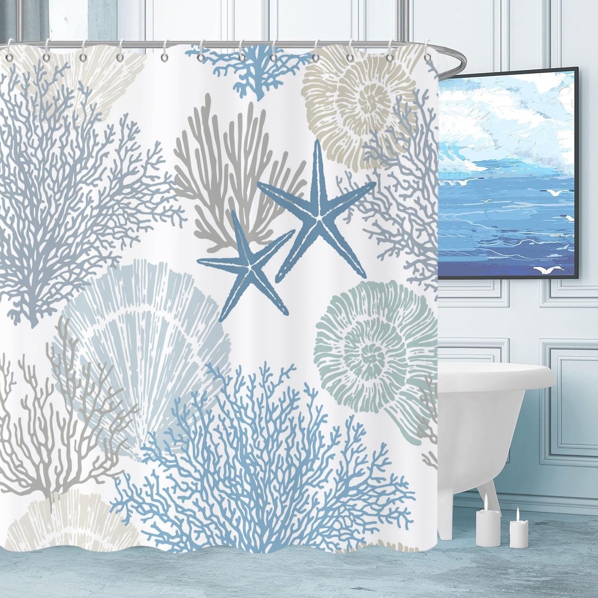 Douchegordijn, 180 x 180 cm, blauw/beige, zomer, nautisch, kust, strand, zeester, schelp, koraal, waterdichte stof, machinewasbaar met 12 haken
