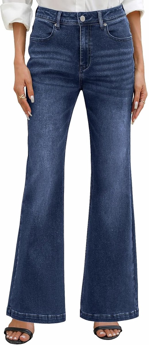 Jeans, flared, wijde pijpen, hoge taille, damesjeans, stretchbroek, comfortabele jeansbroek, casual broek