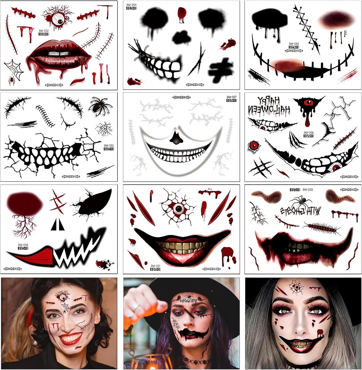 Halloween gezicht, 9 vellen littekens, tatoeages, Halloween, wonden, Halloween, tatoeagestickers, horrorstickers