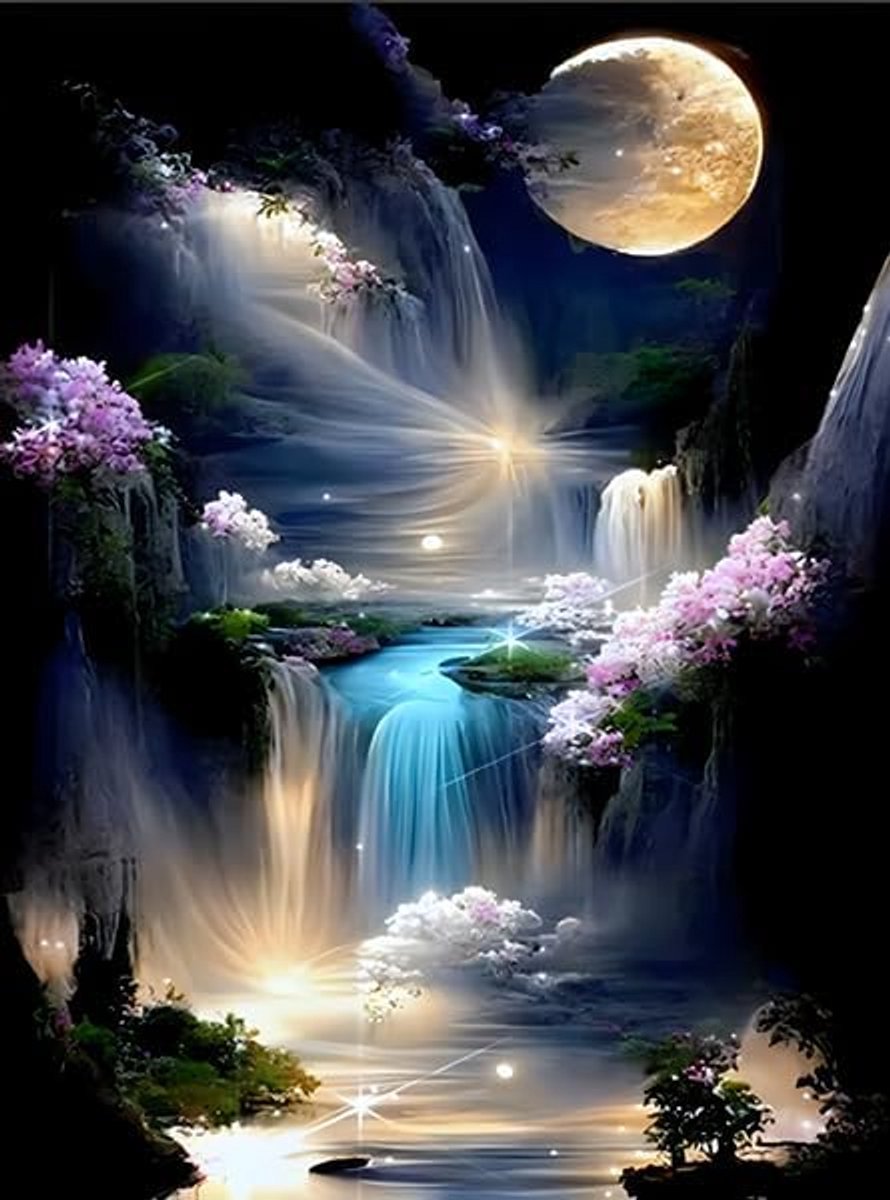 5D diamantschilderset voor volwassenen, lichtgevende maan over waterval, doe-het-zelf maanlicht, volledige boor, diamant, schilderij, volwassen set, voor wanddecoratie in de woonkamer of slaapkamer,