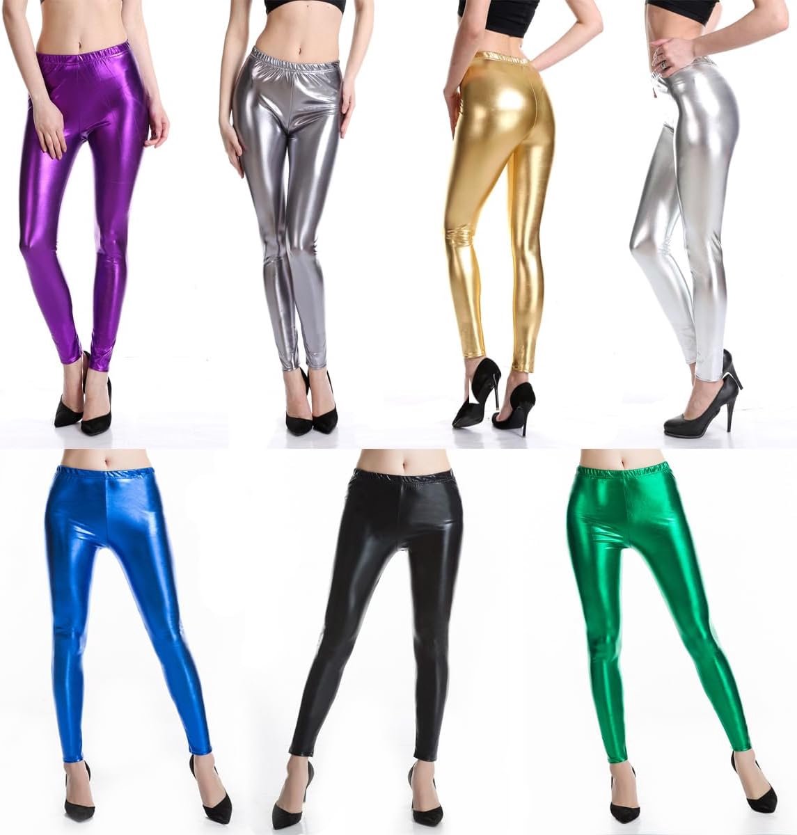 Leggings voor dames, glanzende broek met hoge taille, glanzende leggings in natte look voor feestjes, dansen, discokostuum, carnaval, metallic, glitter, hoge taille, glanzende