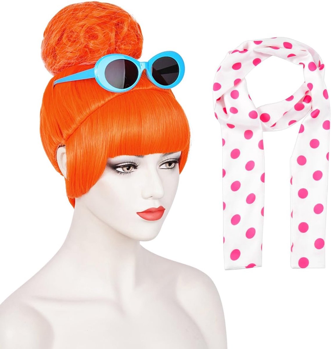 4 stuks oranje pruik met rode polka dot sjaal en blauwe zonnebril voor dames Halloween kostuum