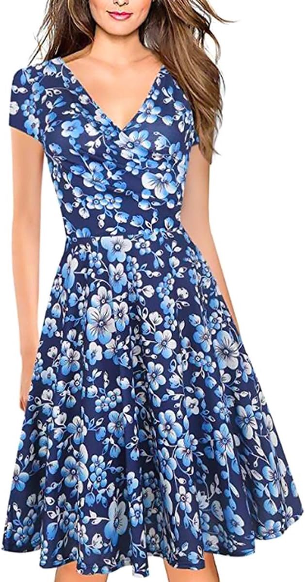 Blauw, Elegant, Zomer, Vintage Stijl, Modieuze Jurk, Modieuze Midi-jurk, Sexy Damesjurk, V-hals voor Cocktailpartys, Geplisseerd, Casual