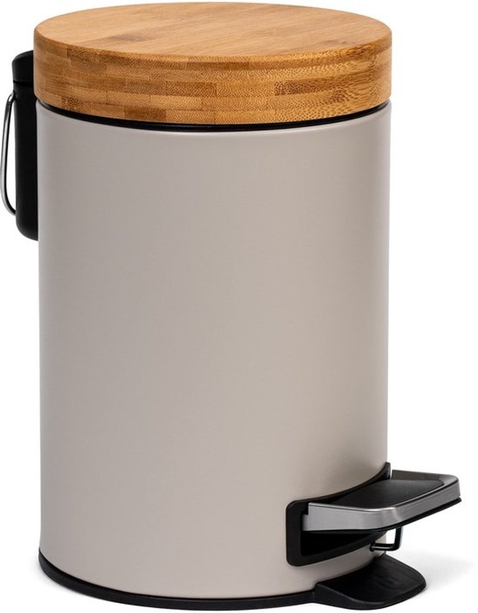 Prullenbak 3 Liters Designer Badkameremmer - Superieure Bamboe - Zachtsluitend - Anti-Vinger - Taupe (Licht)