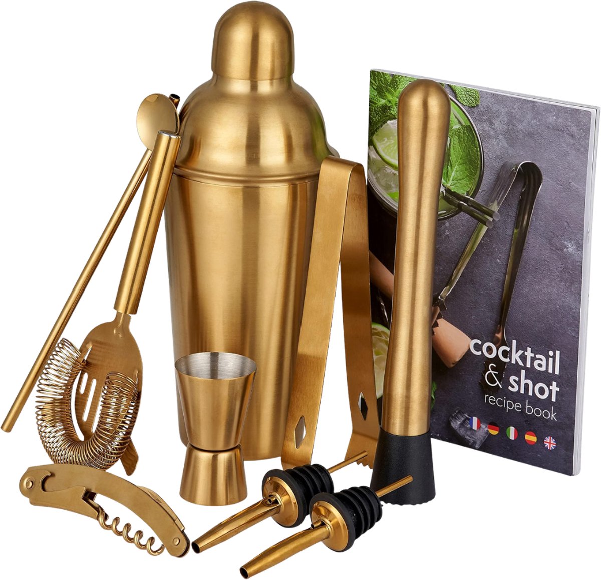 Verte - Cocktail Shaker Set - Professionele Cocktailshaker-Set Van 10 Stuks - Roestvrij Staal - Goud - Baraccessoires - Bartenderset - Inclusief Receptenboek Voor Cocktails En Shotjes - Valentijnsdagcadeau