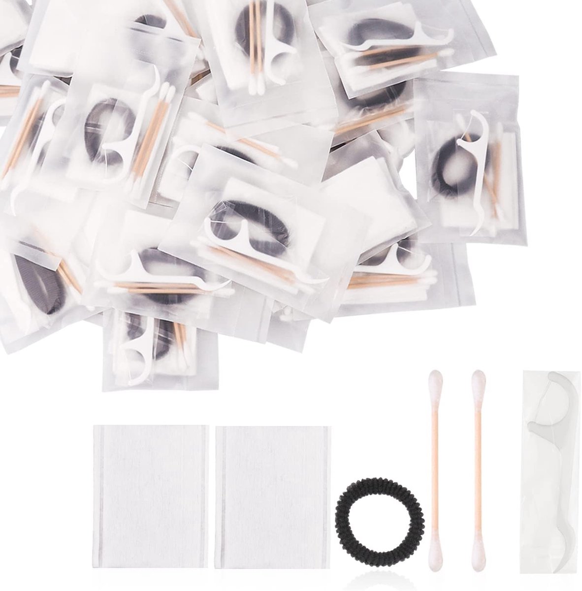 50 stuks individueel verpakte hotelvoorzieningen kit hotel horeca benodigdheden set inclusief cosmetische wattenschijfjes, wattenstaafjes, haarband, tandzijde