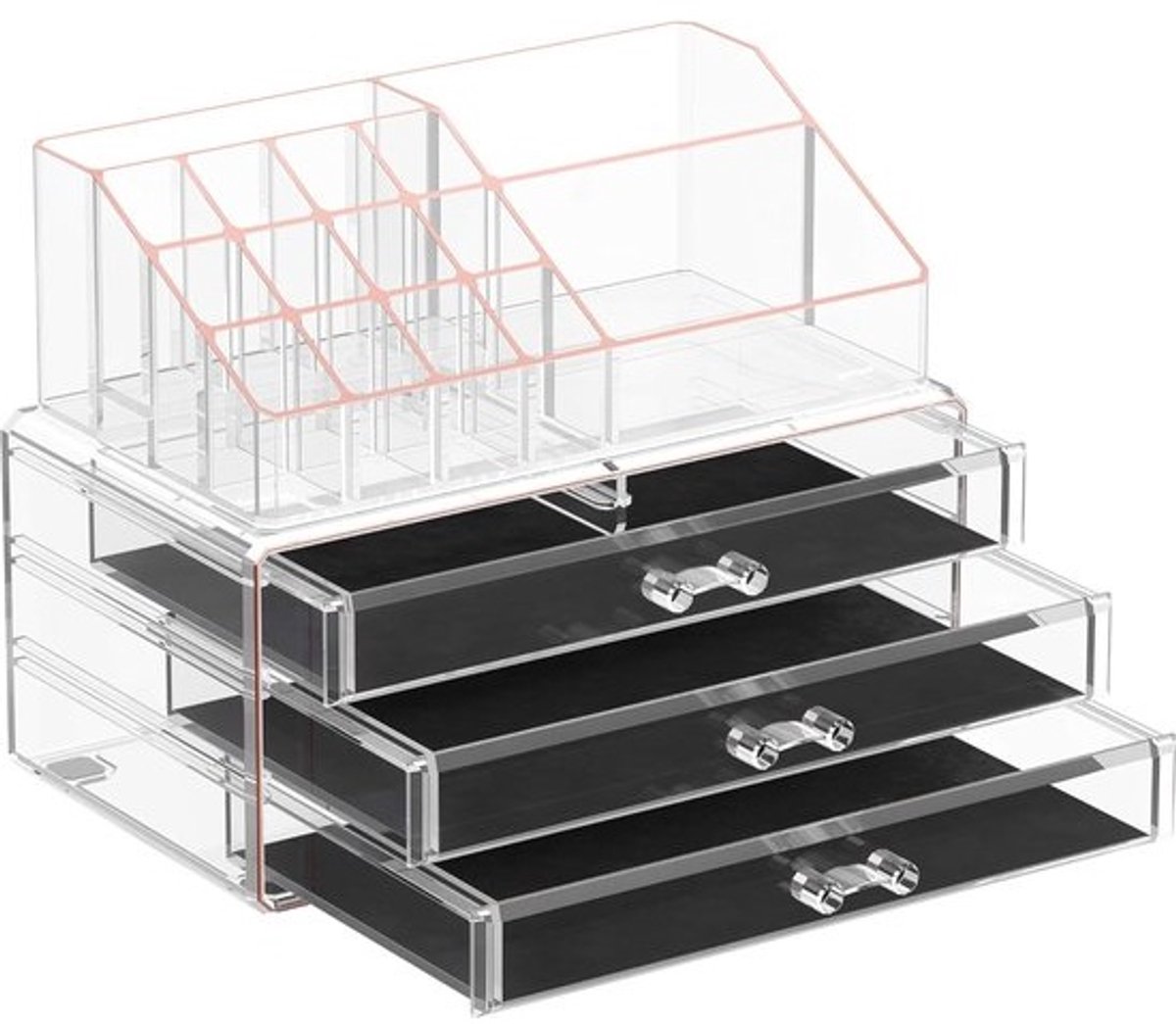 Make-up organizer met 3 lades en 15 vakken in transparant roségoud