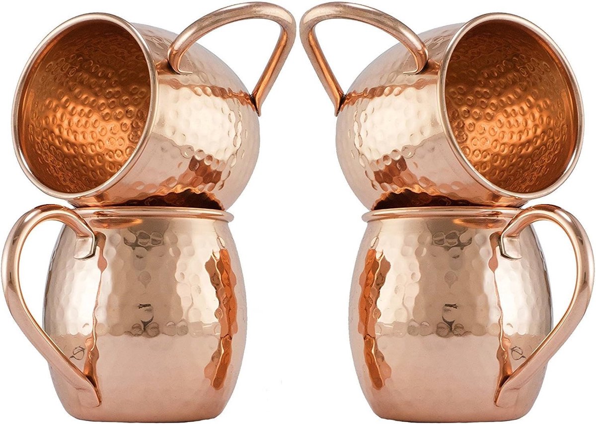 Moscow Mule Koperen bekers – set van 4 – 100% handgemaakte vatbekers van puur massief koper van voedselkwaliteit – 473 ml hoogwaardig koperen cocktailglas
